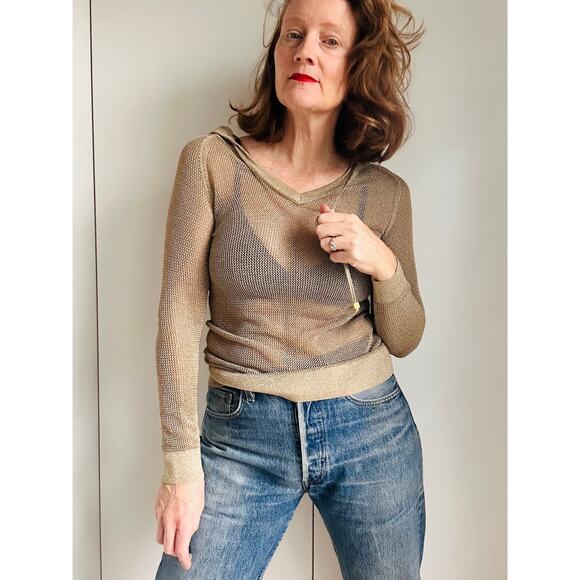 Michael Michael Kors Mesh Sheer Gold Hoodie Sweater Knit Size XS - Picture 1 of 12